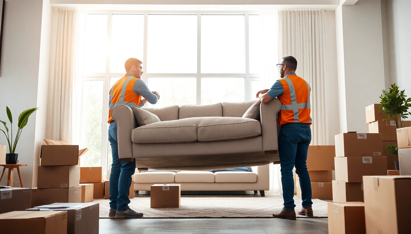 Umzugsfirma transporting a sofa in a bright room, showcasing professional teamwork during a move.