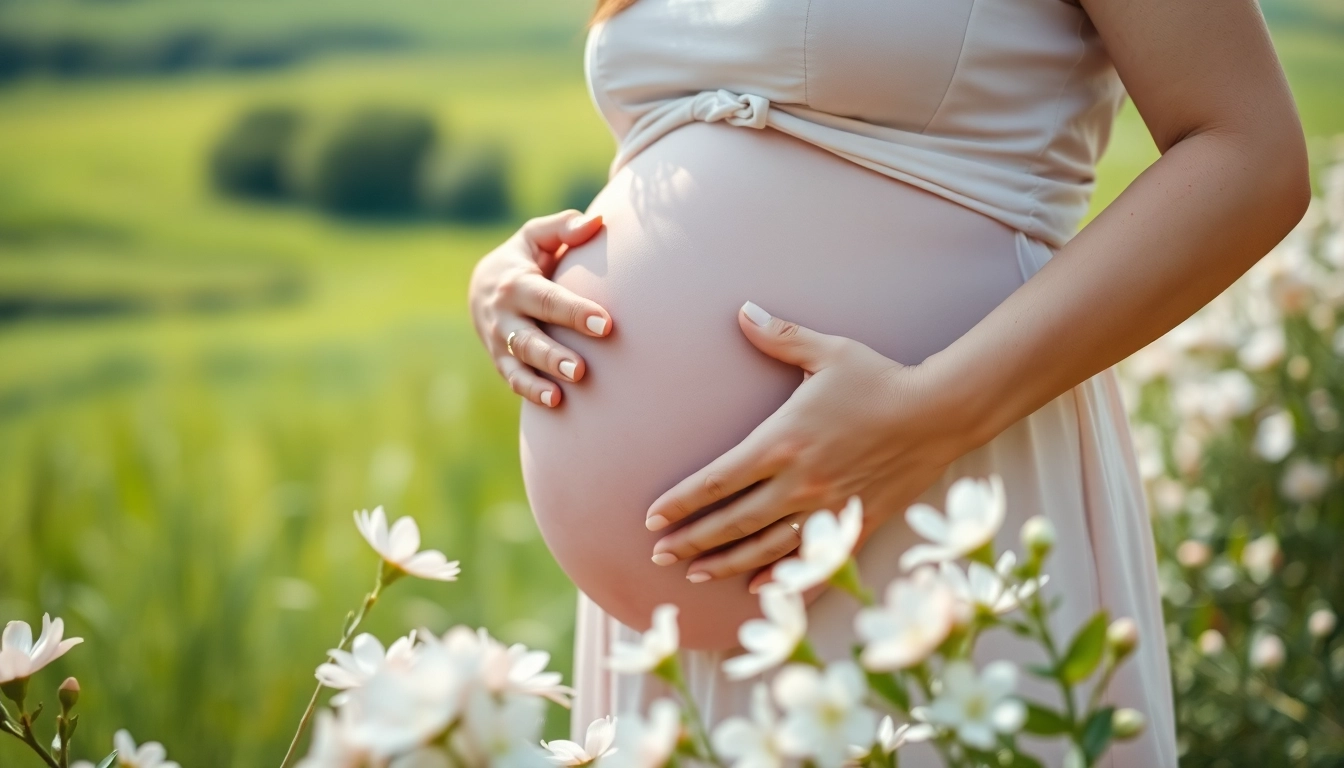 Wunderschönes Babybauch Fotoshooting einer schwangeren Frau in der Natur mit sanften Farben.