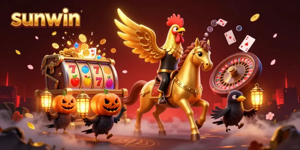 Engaging scene featuring sunwin's golden rooster mascot amidst exciting slot and casino elements.