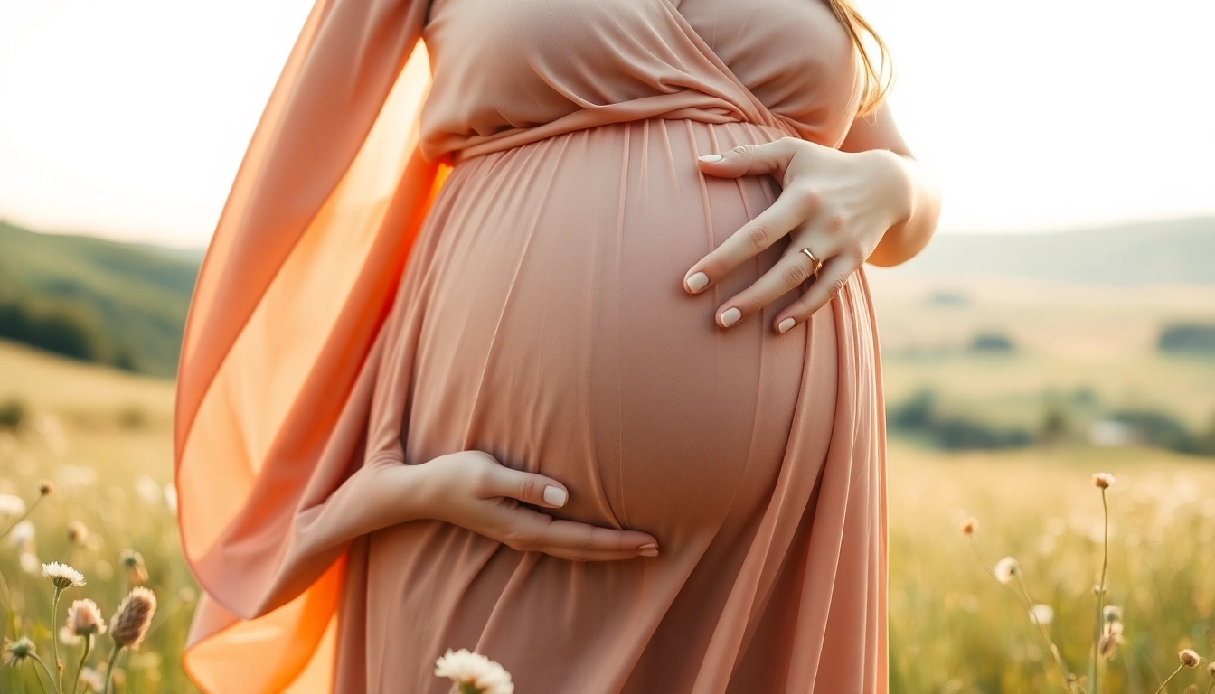 Wunderschönes Babybauch Fotoshooting einer Schwangeren im Freien, umgeben von Natur.