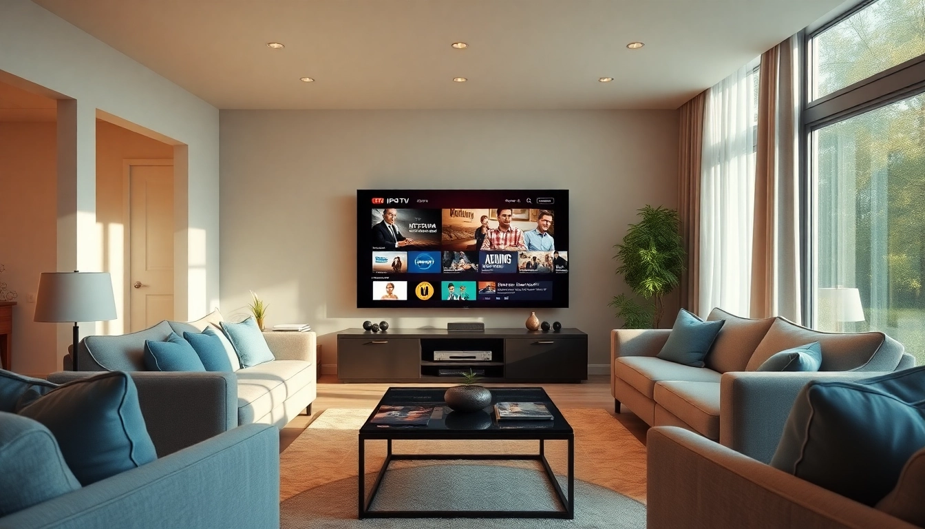 Iptv Kaufen und modernes Wohnzimmer mit großem Fernseher und stilvollem Sofa.