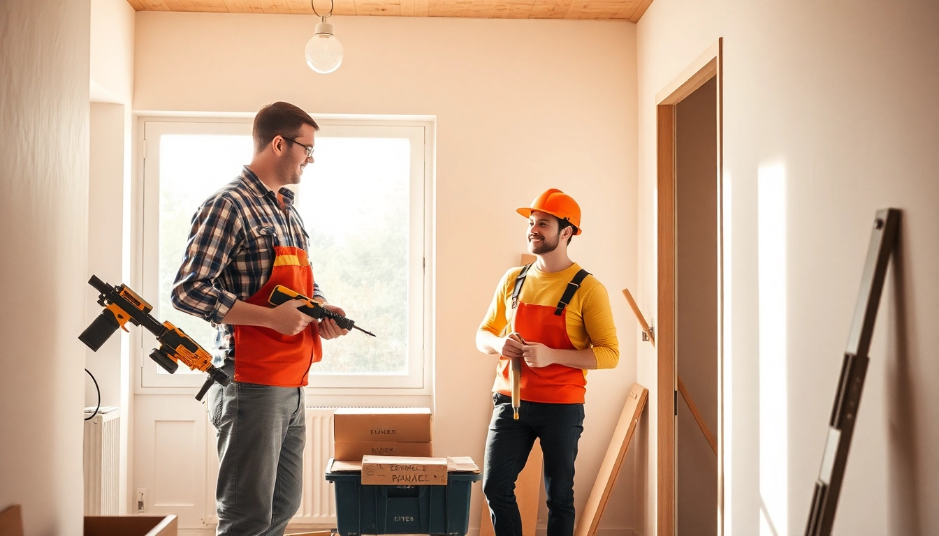 Hausrenovierung in vollem Gange mit Handwerkern bei der Arbeit und frisch gestrichenen Wänden.