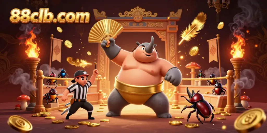 Experience thrilling gameplay at 88clb-com with a dynamic 3D casino scene featuring a beetle champion and gold coins.