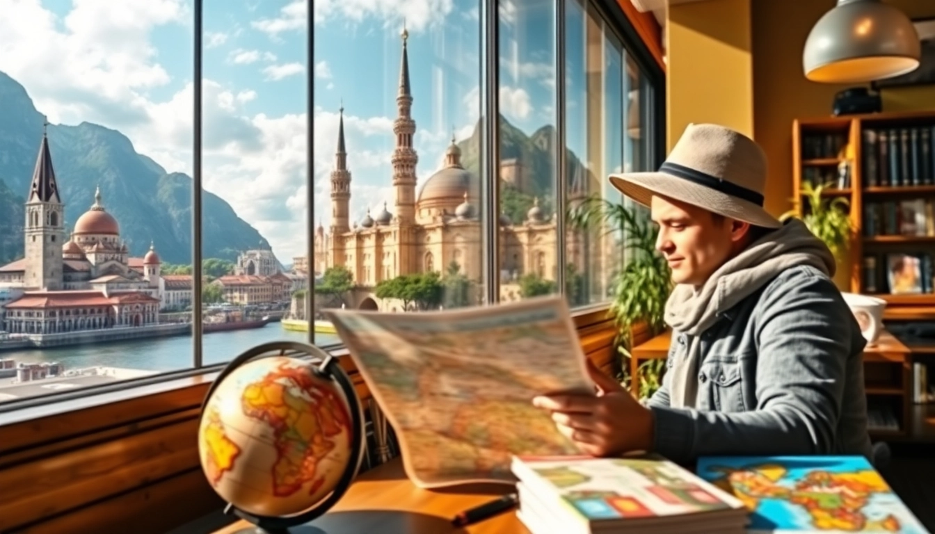 Reiseinformationen für verschiedene Reiseziele und Kulturen in einem inspirierenden Café.
