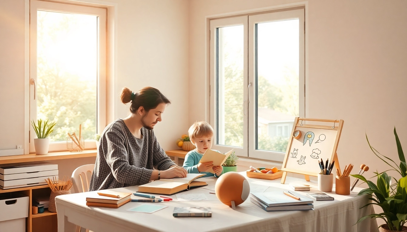 Eltern unterrichten ihr Kind beim Heimunterricht in einem sonnigen Raum mit kreativen Lernmaterialien.