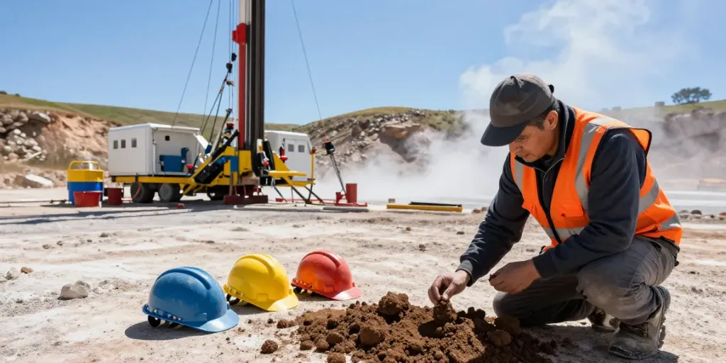 Geothermie-Bohrung: Geologe prüft Bodenproben an einer geothermischen Bohrstelle im Freien.