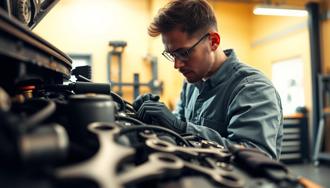 Motorschaden Ankauf - Car mechanic analyzing a damaged vehicle in a bright garage setting.