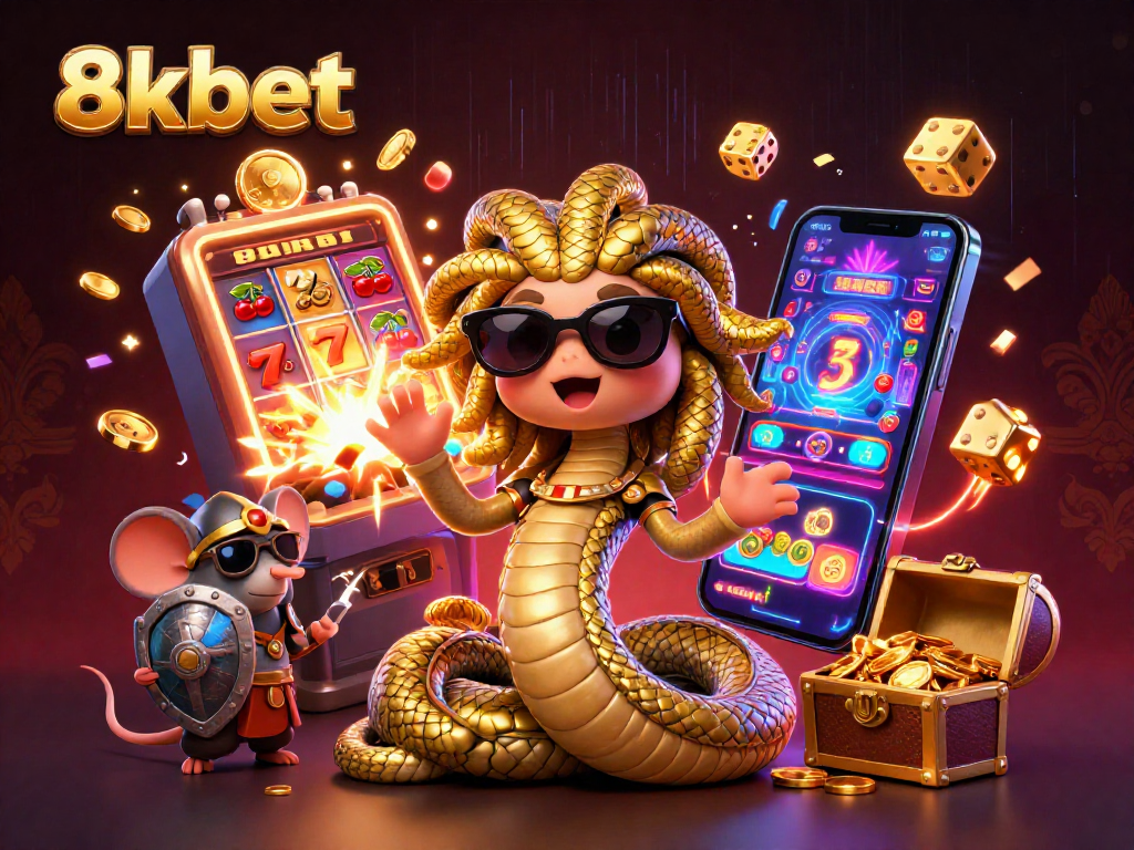 Experience the excitement of 8xbet with a vibrant 3D illustration featuring Medusa and a warrior mouse in a casino setting.