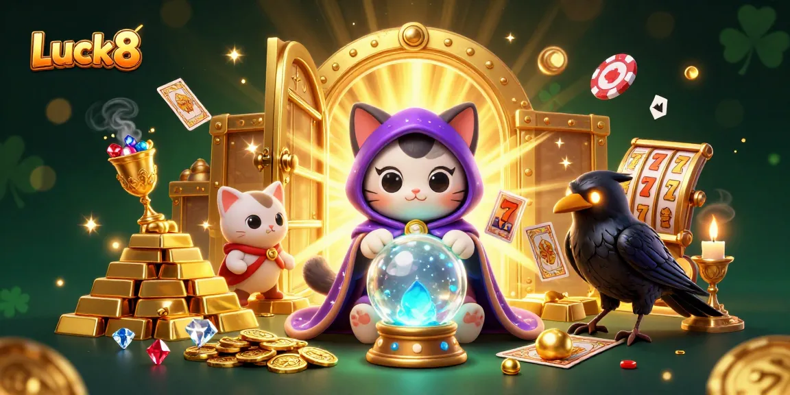 Luck8 features a cartoon mystic cat, glowing raven, and rich casino elements in an enchanting 3D scene.