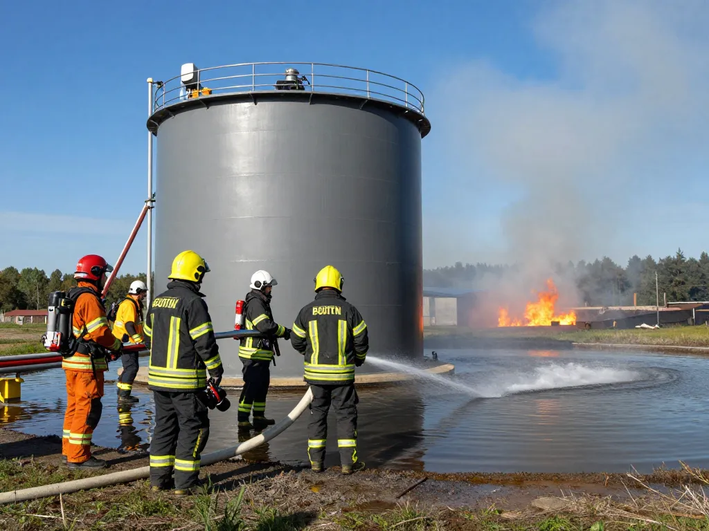 Feuerwehrleute nutzen einen Löschwasserspeicher für Brandschutzkonzept in einem abgelegenen Industriegebiet, um während einer kontrollierten Branddemonstration eine entscheidende Wasserversorgung bere