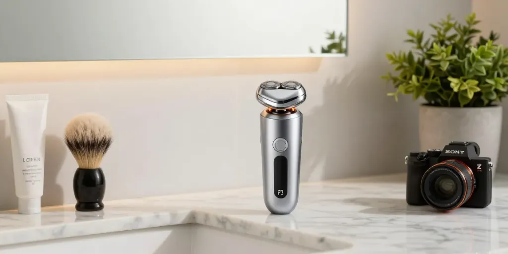 Laifen P3 Elektrorasierer auf einer Marmoroberfläche, umgeben von Pflegeaccessoires in einem modernen Badezimmer.