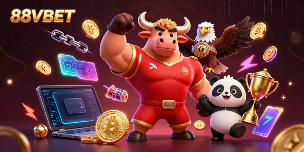 Exciting 88VBET scene with a bull mascot celebrating victory alongside an eagle and panda, surrounded by crypto coins.