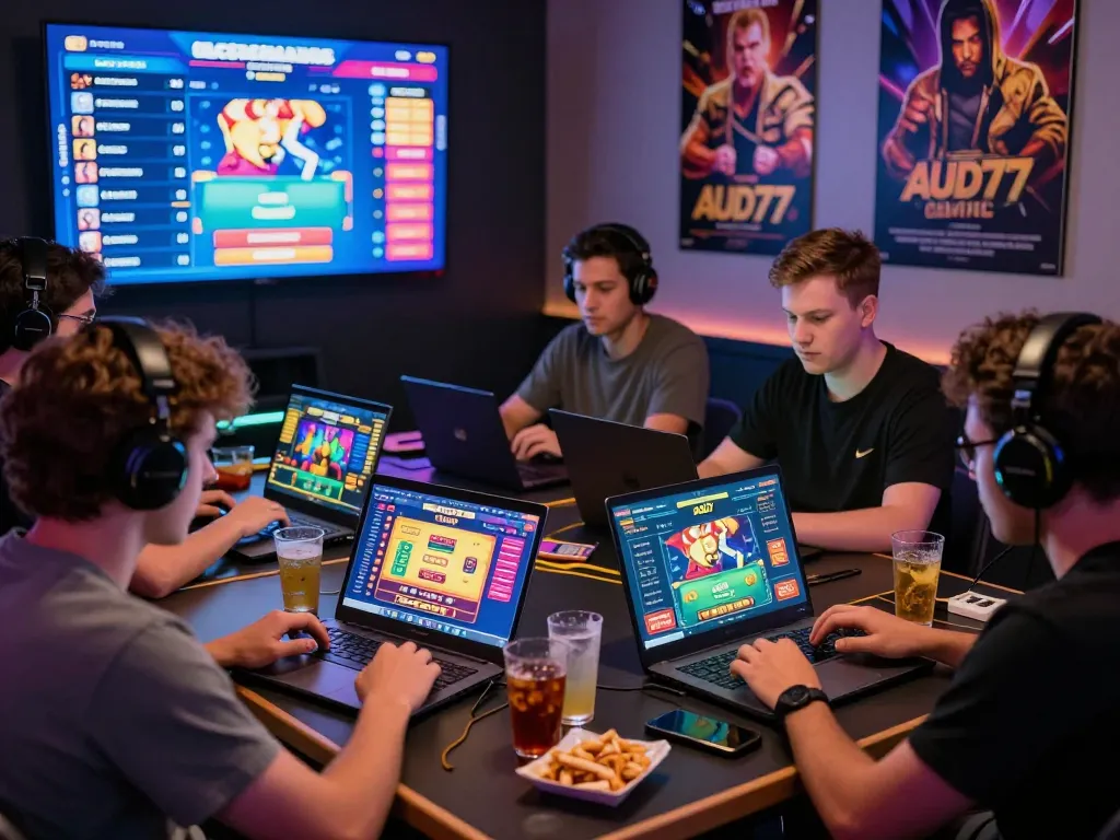Players enjoying the AUD77 gaming platform during an exciting online casino night
