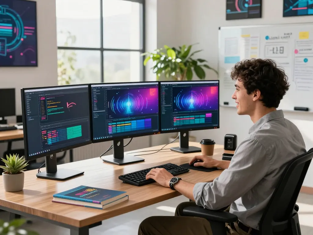 Developer engaging with motion control software in a modern workspace, showcasing coding and creative processes.