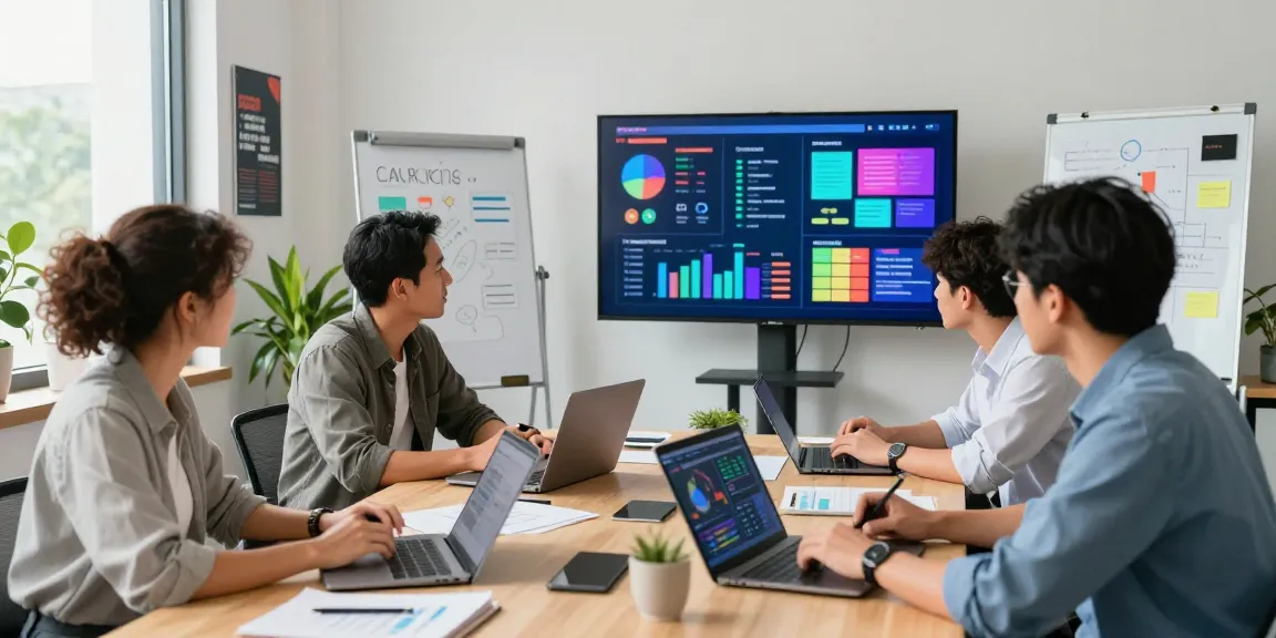 Kollaboratives Team in einem modernen Büro, das die Online-Marketing-Strategien von MyQuests mit angezeigten Datenanalysen diskutiert.