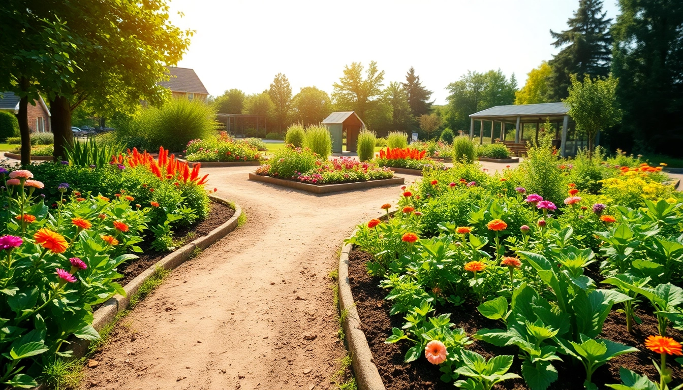 Gartenbaubetrieb showcasing a vibrant garden with colorful flowers and neat pathways.