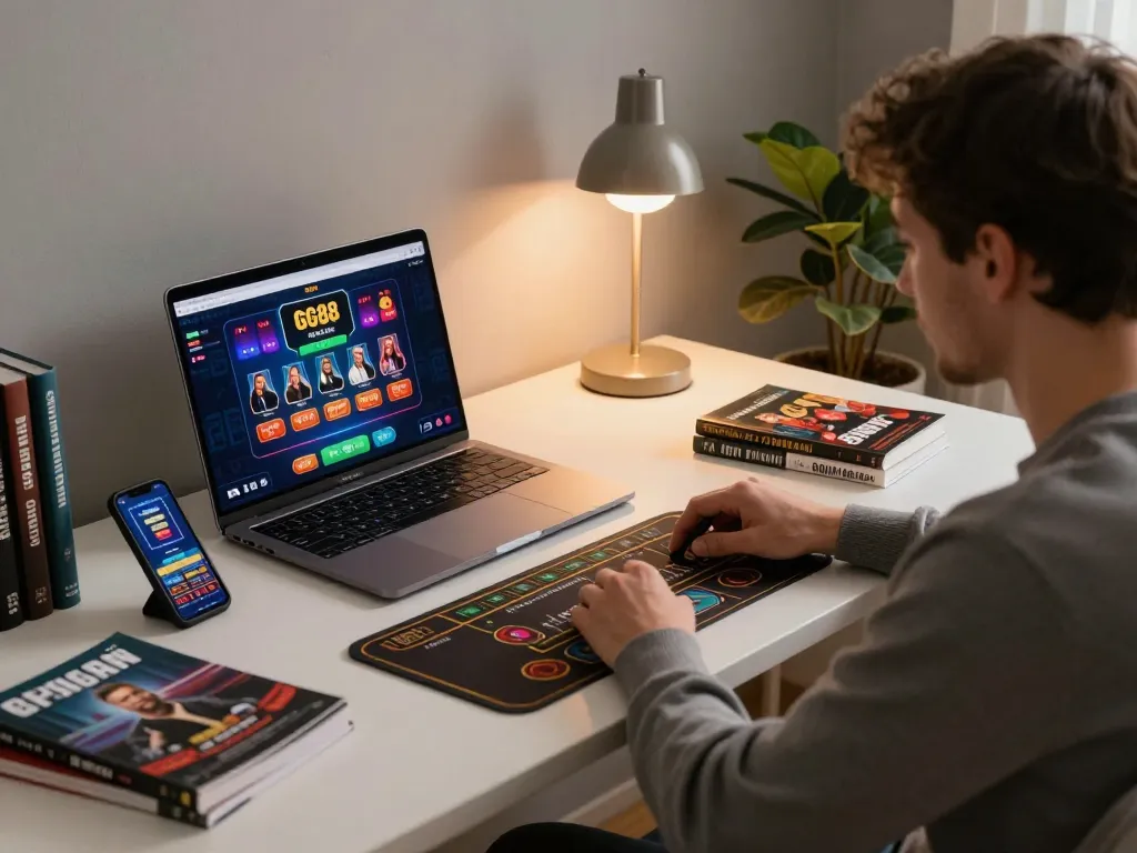 Engaging in strategic online gaming on GG88 platform using laptop and smartphone for enhanced experience.