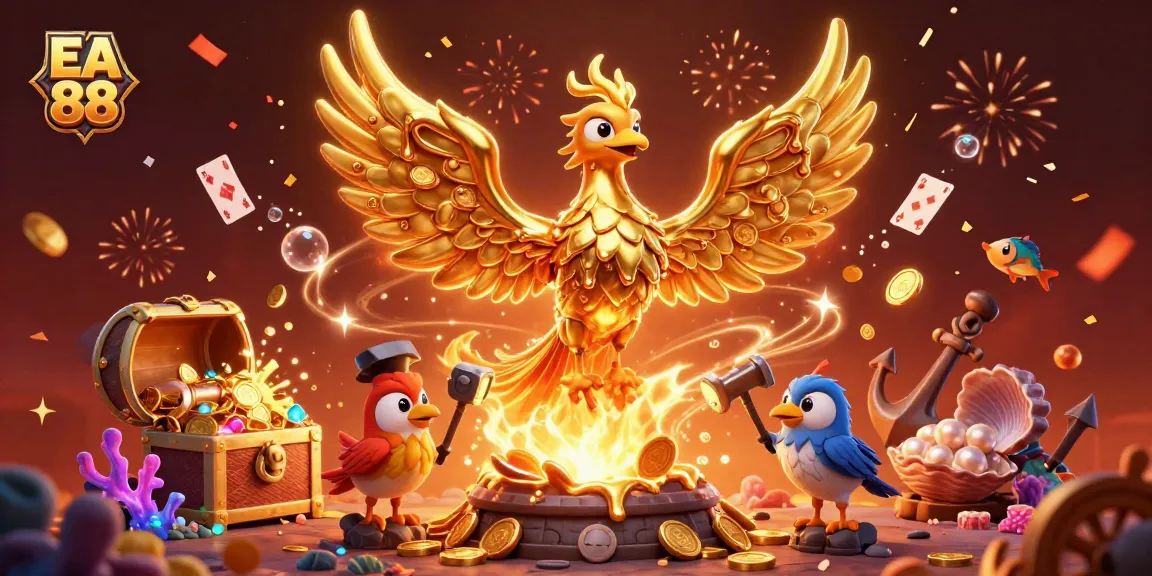 Engage with vibrant EA 88 casino action featuring a golden phoenix and treasures.