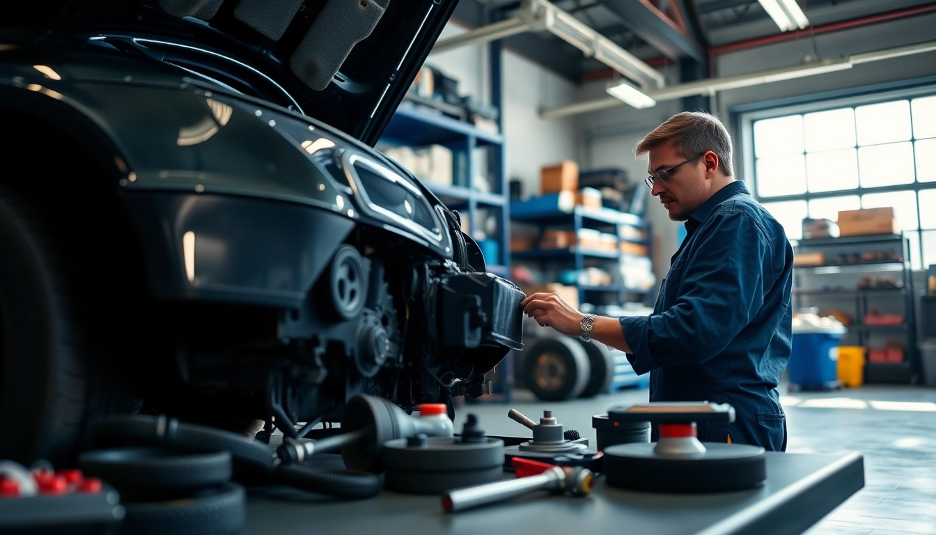 Motorschaden Ankauf: Mechanic evaluates a car's damage in a professional workshop.