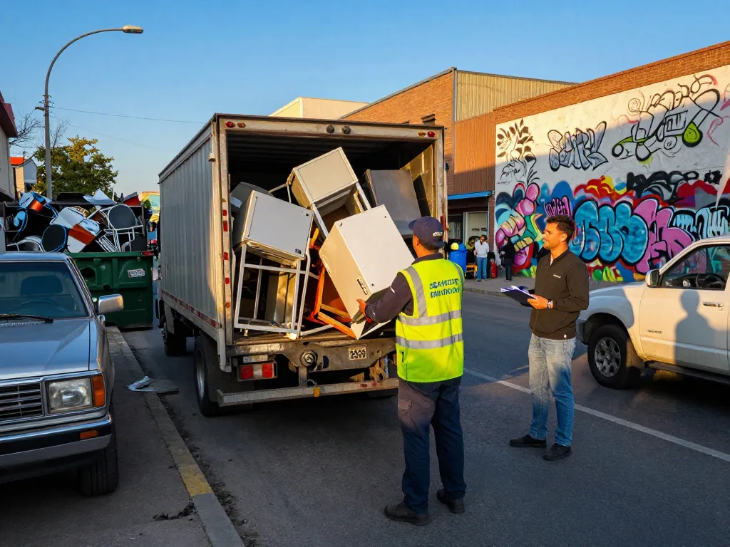 Schrottabholservice lädt Schrottmetall in einem städtischen Umfeld auf einen Lkw.