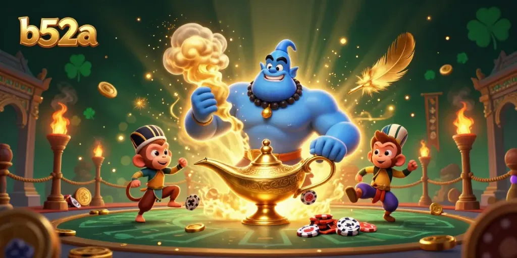 Experience thrilling gameplay at b52a with a magical scene featuring a genie, monkey, and poker chips.