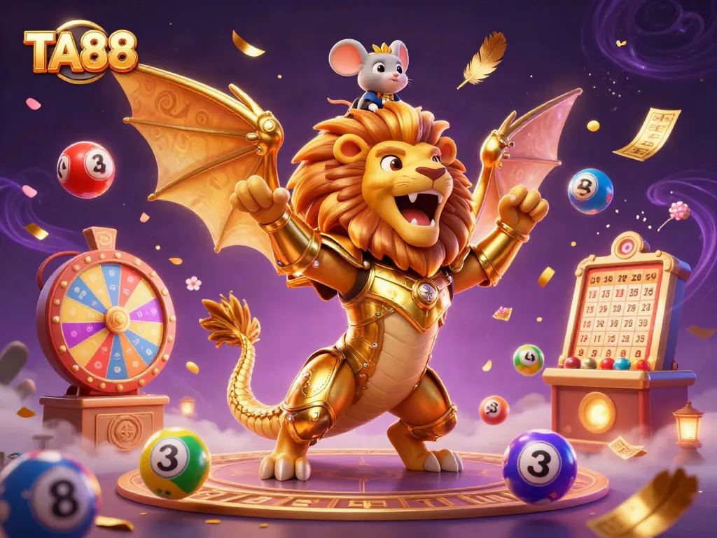 TA88 showcases a roaring chimera in golden armor amidst gambling elements and colorful lottery balls.