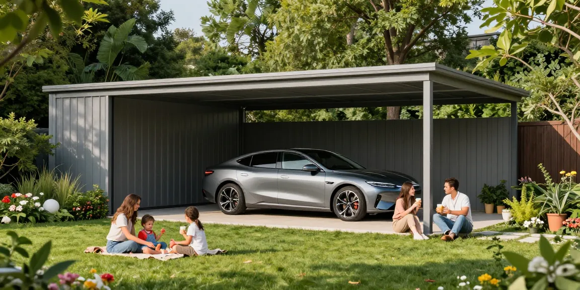 Eleganter Carport in einem modernen Garten mit spielenden Kindern und einer Familie, die den Außenbereich genießt.