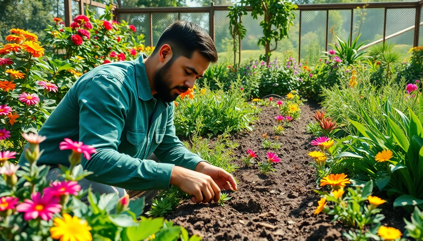 Gartenbau-Experte gestaltet lebendigen Garten mit bunten Pflanzen und Blumen.