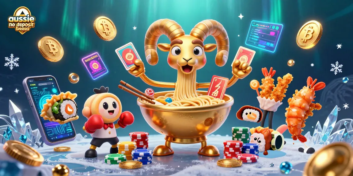 Aussie no deposit bonus illustrated with a golden ramen bowl dealer and 3D crypto elements amidst a vibrant casino scene.