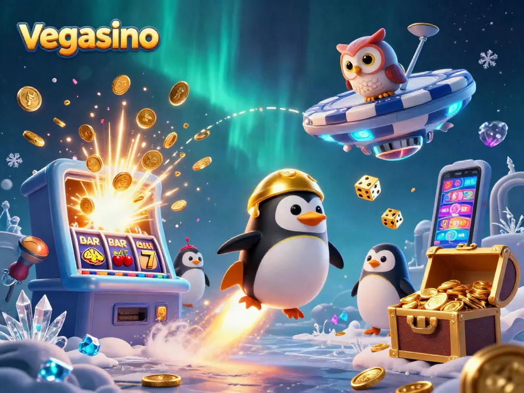 Experience Vegasino's thrilling game lobby with a golden penguin, casino elements, and jackpot excitement.