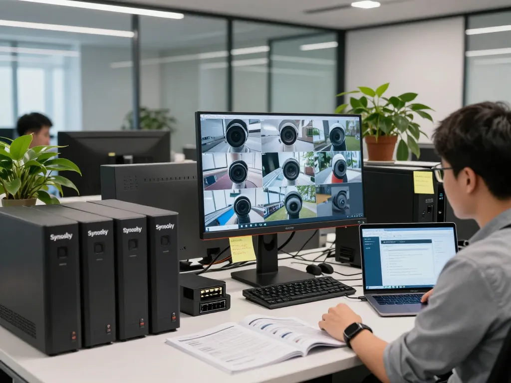 Überwachungssetup mit Kameras in einem modernen Büro, das lizenzierte Synology-Produkte und mehrere Feeds zeigt