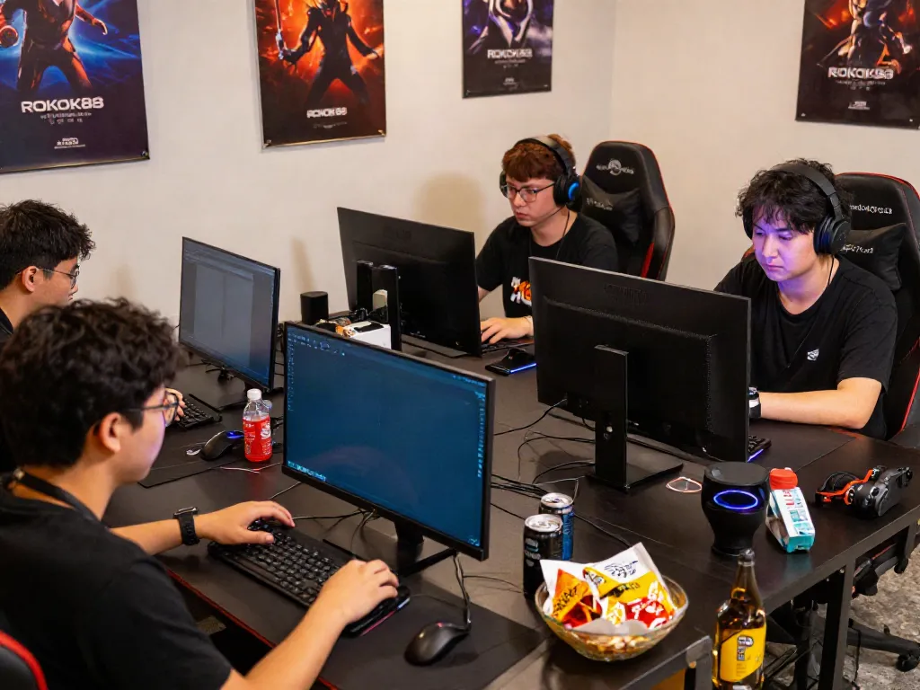 Gamers engaging with ROKOK88 login interface on screens, showcasing vibrant gaming atmosphere with premium accounts.