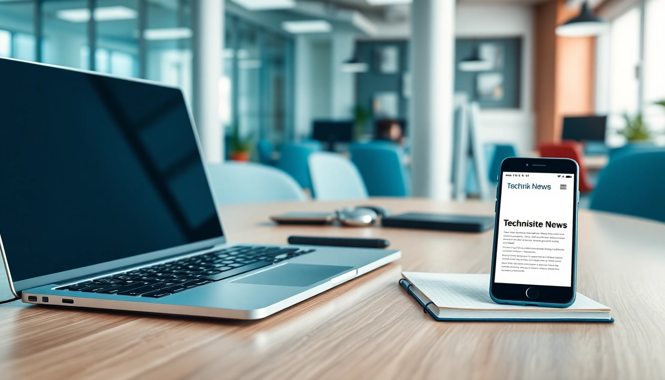Aktuelle Technik News auf einem modernen Büroarbeitsplatz mit Laptop und Smartphone.