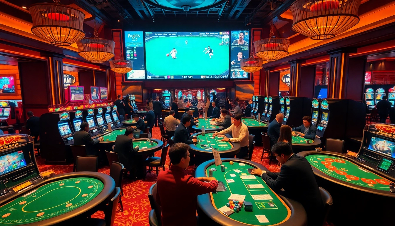 Experience the excitement of tỷ lệ kèo nhà cái at a vibrant casino with poker tables and digital betting displays.