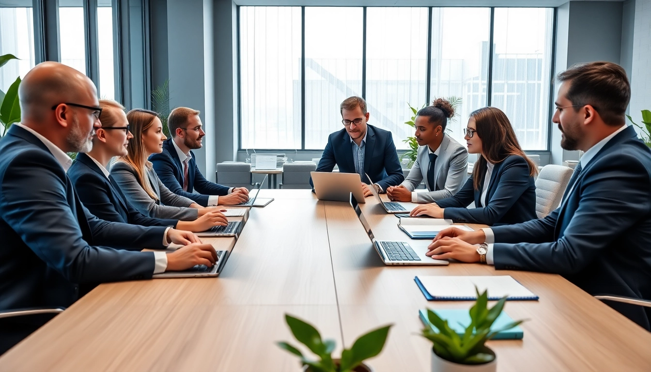IT outsourcing offered by okm Magdeburg strategizing in a modern office with professionals.