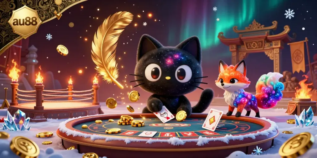 Explore vibrant cosmic casino action with au88's black hole cat and colorful fox amid golden tokens.