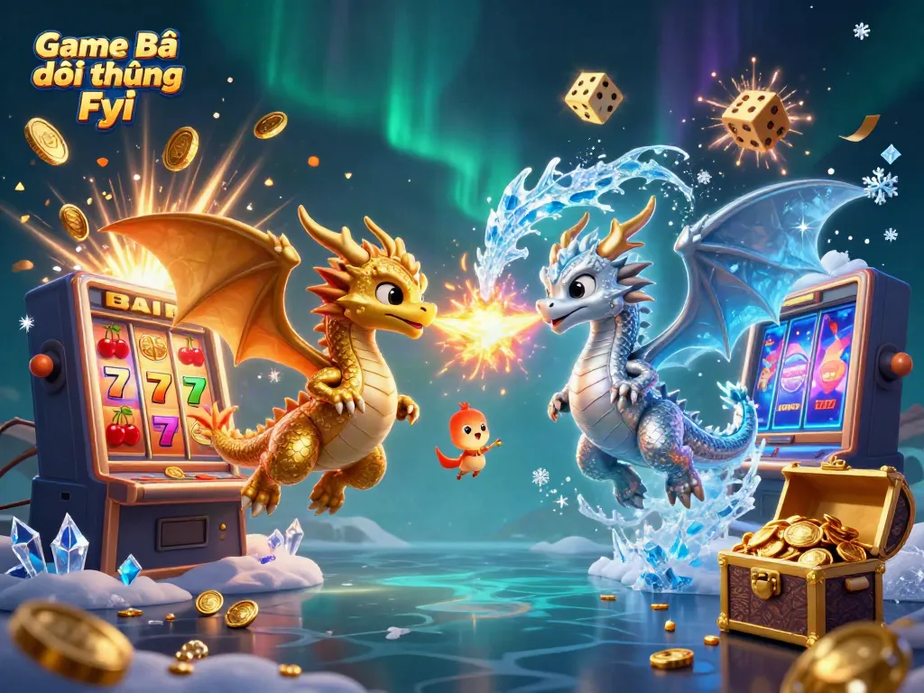 Experience the thrilling world of Game Bài Đổi Thưởng Fyi with vibrant dragons, slot machines, and treasures!