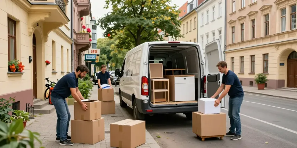 Professionelles Team für Wohnungsauflösung Berlin Prenzlauer Berg packt Möbel und Haushaltsgegenstände ein.