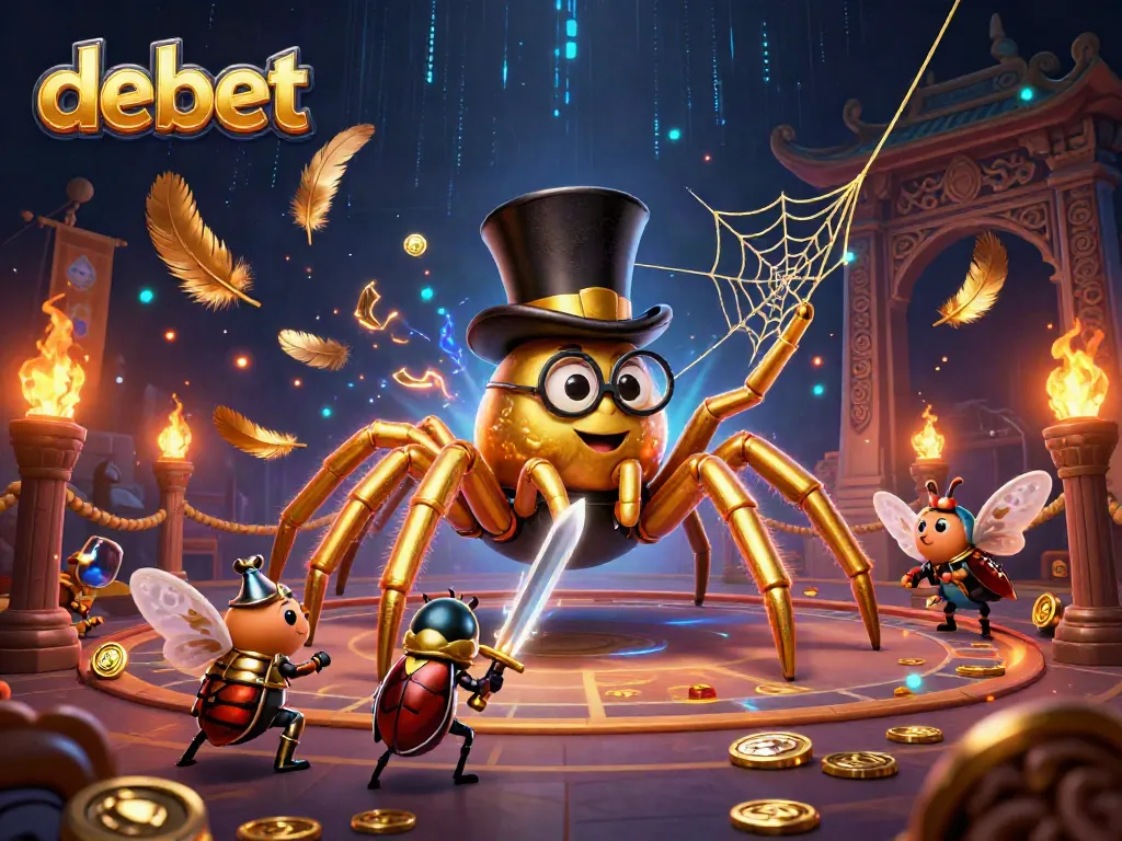 Experience epic gaming adventures with debet in a vibrant casino scene featuring a golden tarantula and beetle knight.