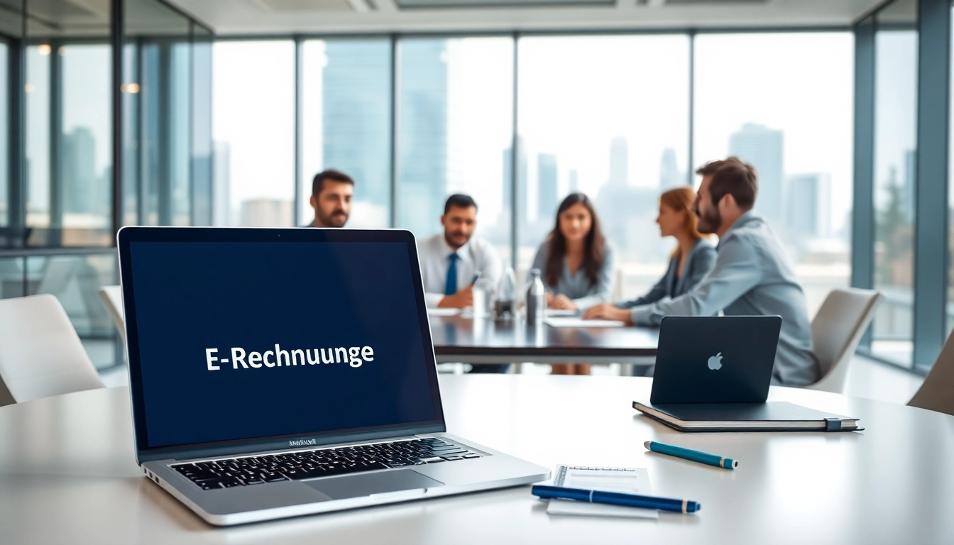 E-Rechnungen und Zusammenarbeit im modernen Büro mit digitaler Technik.