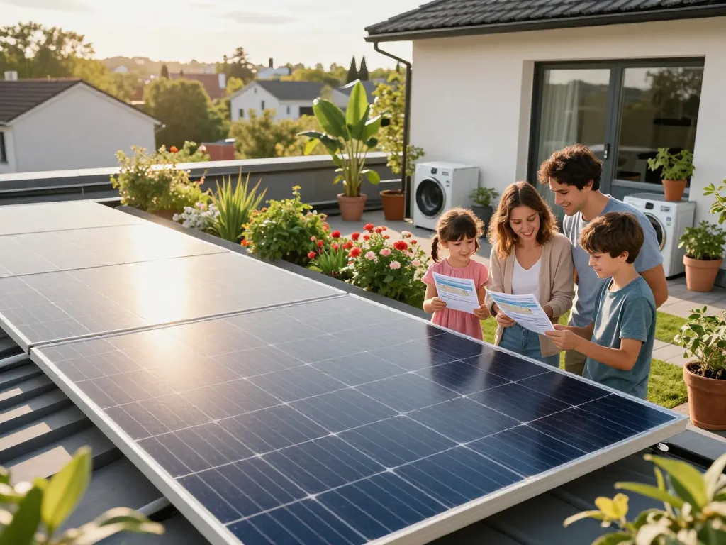 Photovoltaik Bayern Solarpanels auf dem Dach eines modernen Hauses mit einer Familie, die über Energieeinsparungen diskutiert.