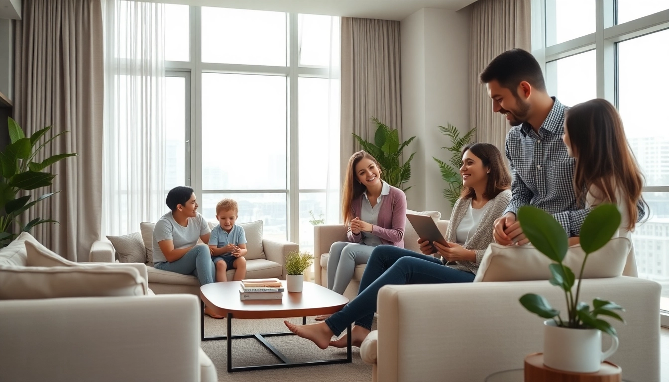 Wohnung kaufen: Gemütliches Familienleben in einer modernen Wohnung mit großzügigen Fenstern.