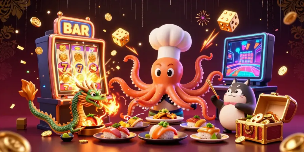 Experience big wins at EE88 with a vibrant casino scene featuring a whimsical octopus chef, a dragon, and a tanuki among slot machine jackpots.