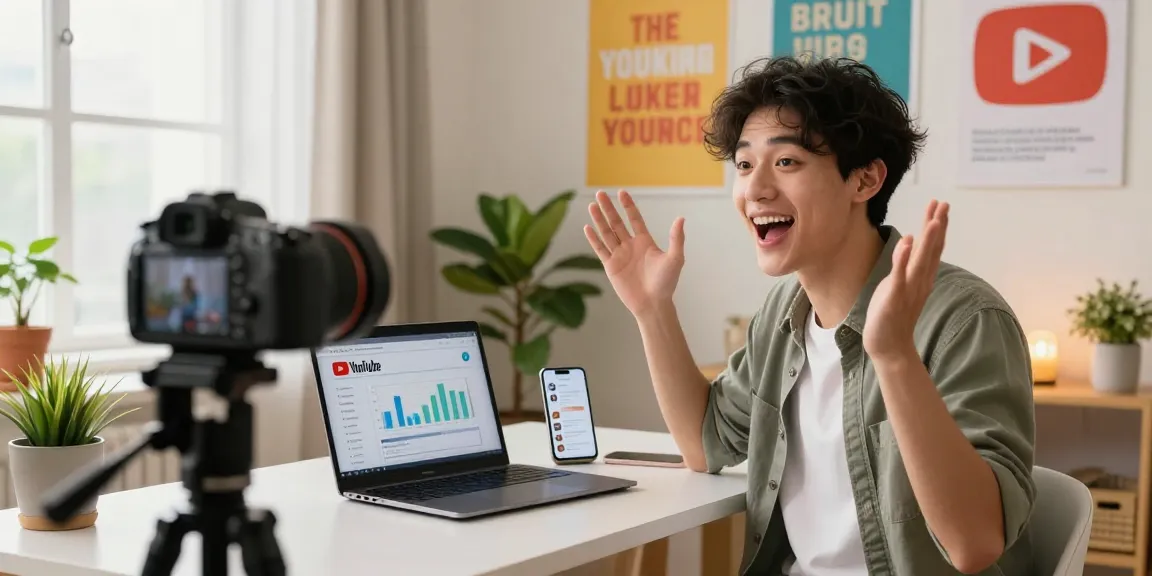 Junge Content Creator, die YouTube Likes kaufen analysiert, in kreativem Home Office.