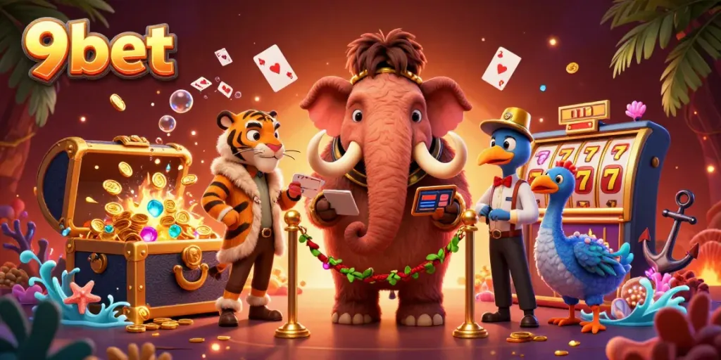 Experience the vibrant world of 9bet with a 3D cartoon illustration of casino excitement, featuring playful characters and games.