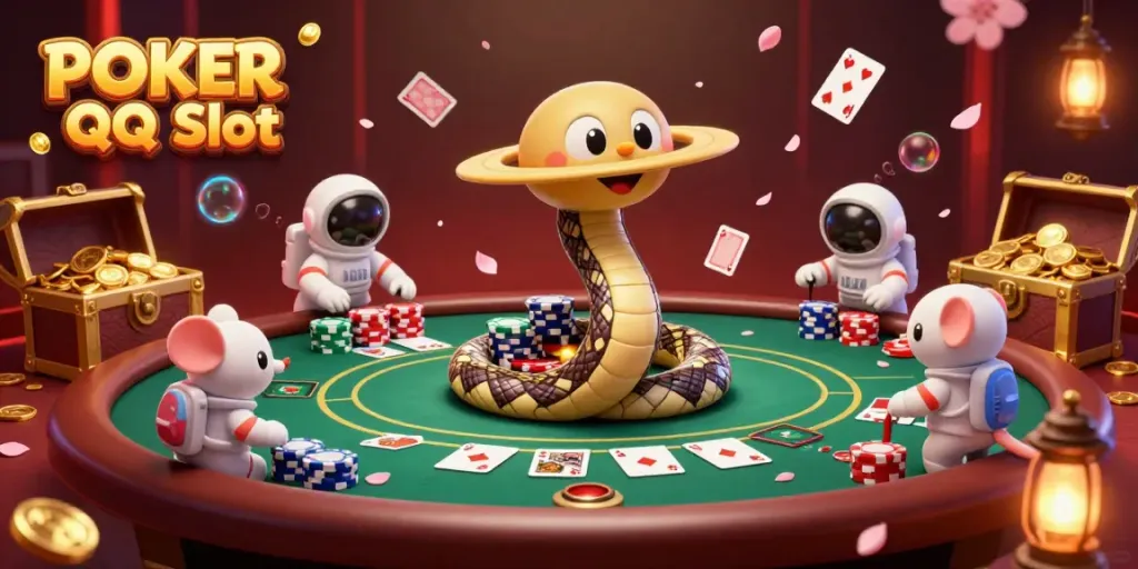 Engage in POKER QQ Slot action with lively characters and vibrant gambling elements in an ultra-detailed illustration.