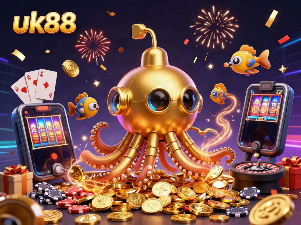 Win big on uk88 with vibrant slot games, a mechanical kraken, and gold coins in an exciting casino scene.