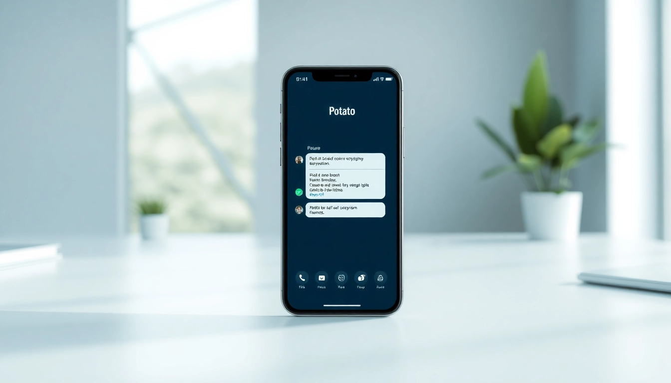 Discover the Potato下载 app interface on a smartphone in a modern workspace, emphasizing privacy and security.