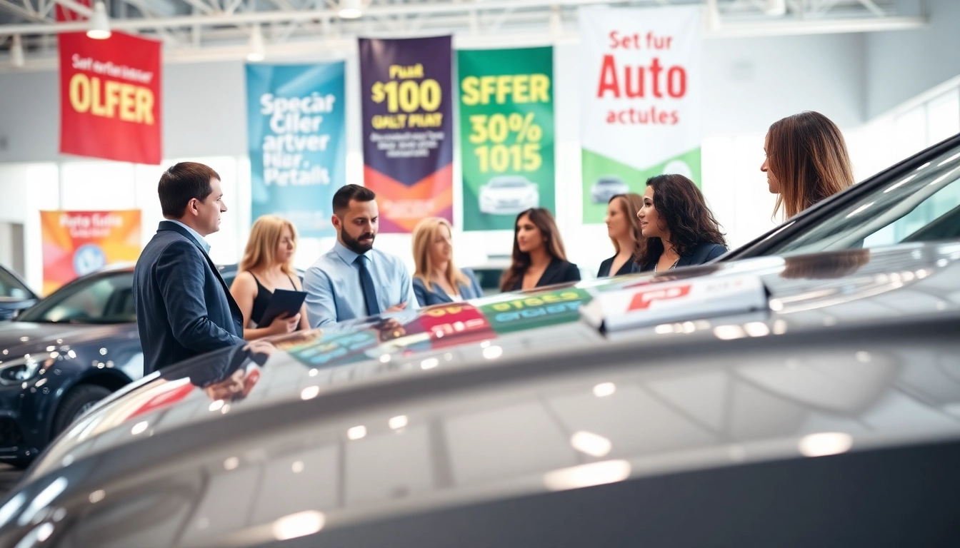 Auto kaufen in a modern dealership, showcasing a diverse group discussing car models.