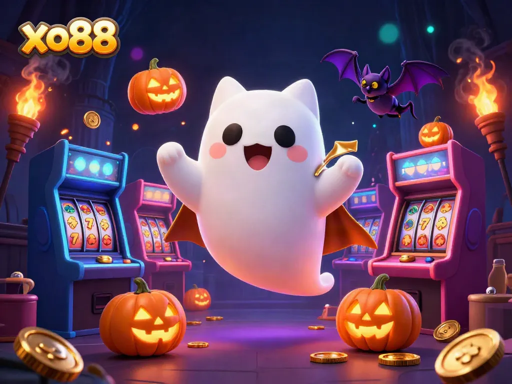 Experience excitement at the xo88 casino with a ghost cat and bat in a haunted atmosphere.